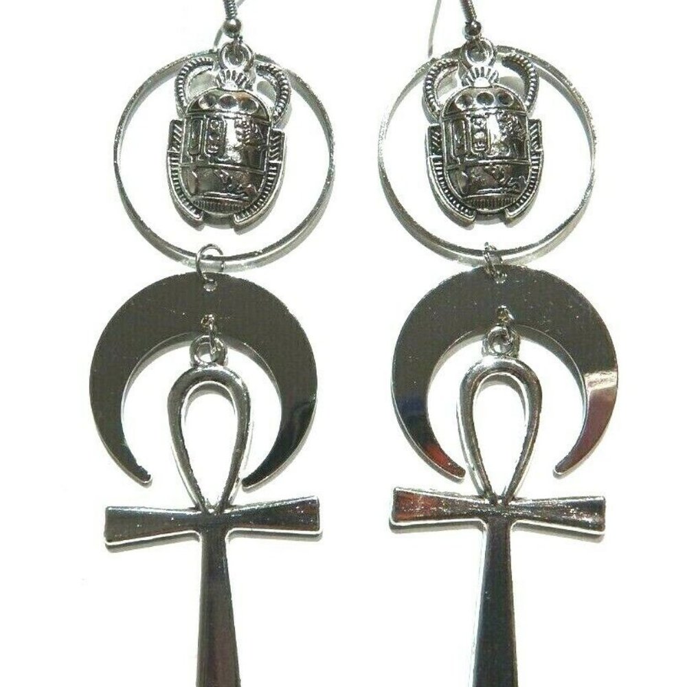 Gorgeous Egyptian Jewelry Ankh Crucifix Cross Scarab Earrings Set